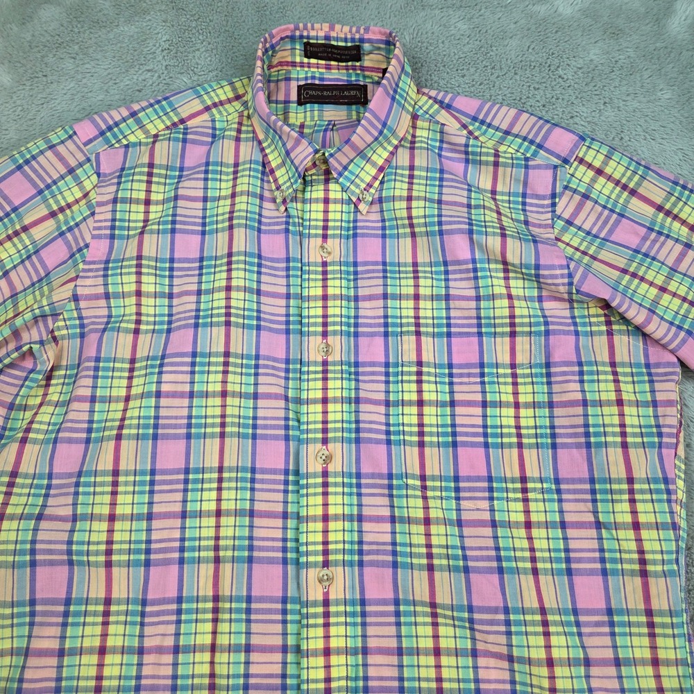 Vtg Chaps Ralph Lauren Shirt Mens M Short Sleeve Plaid Button Down Multi-Color